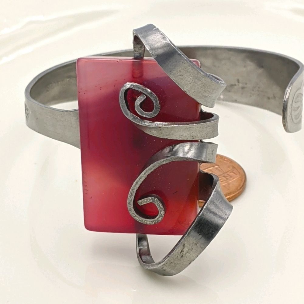 Silver Fork Pink Stone Wrapped Cuff Bracelet